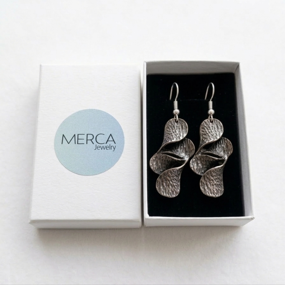 Silver-tone Covered Boho Textured Dangle Earrings with Original MercaJewelry Box